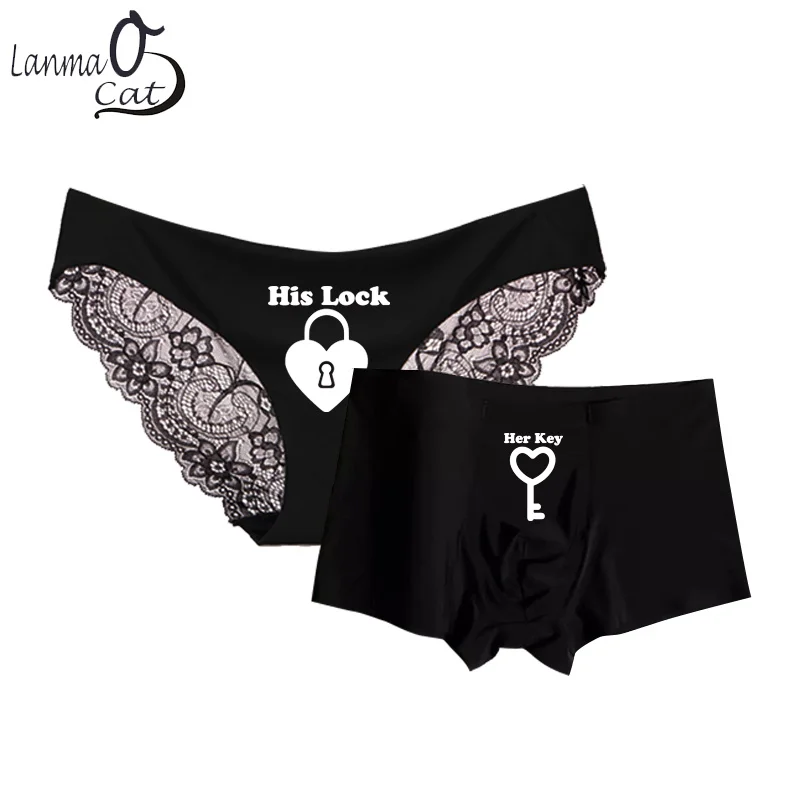 Romantic Matching Couples Panties Smoonty Ice-silk Seamless Men Boxer Shorts and Sexy Lace Women Briefs Black Lovers Underpants