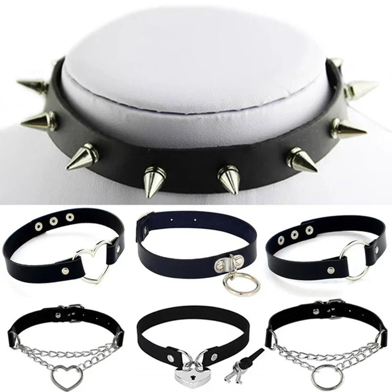 Vintage Sexy Harajuku PU Leather Chain Pendant Necklace for Women Men Punk Gothic Black Heart Rivet Collar Statement Jewelry