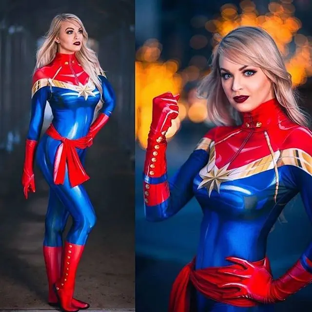 Halloween Carol Danvers Cosplay Costume Adults  Female Superhero Zentai Suit Woman Bodysuit