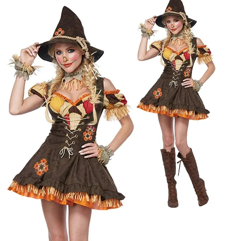 Halloween Role Play Adult Female Wizard of Oz Scarecrow Costume Carnival Party Fancy Dress Hat Witch Party Disguise Dress