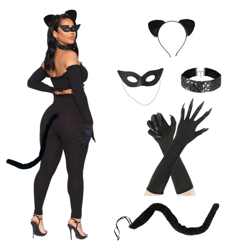 Halloween Sexy Cat Girl Cosplay Costume Set Women Lady Cats Masks Tail Gloves Costume Props Carnival Party Fancy Dress