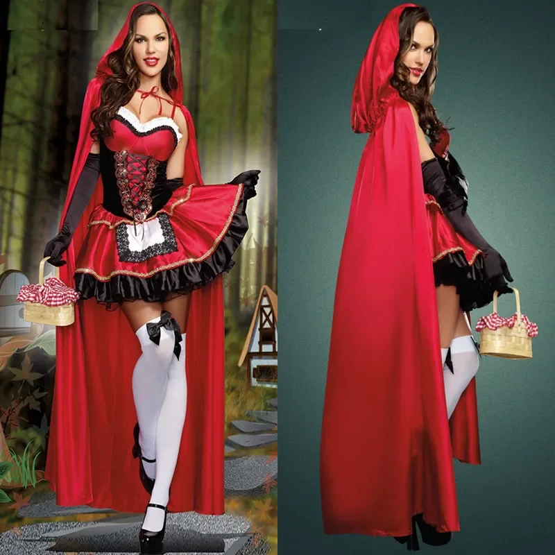 Women Little Red Riding Hood Costume Fancy Adult Halloween Cosplay Fantasia Carnival Fairy Tale Dress+Cloak Women Party Set