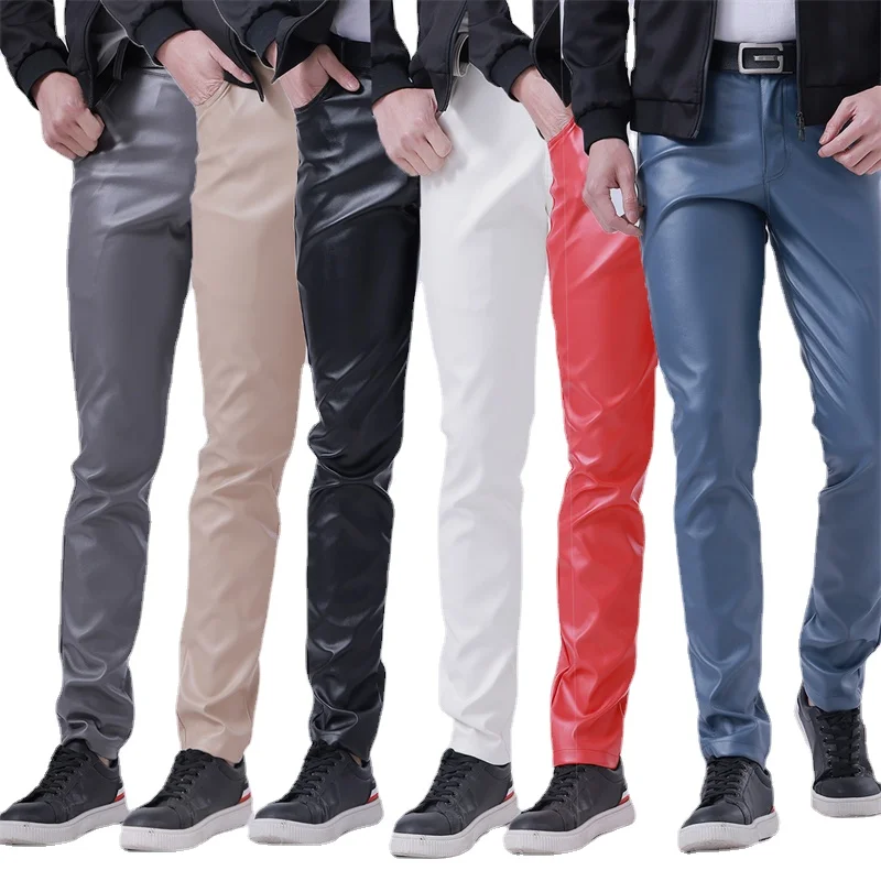 2025 New Youth Men's Casual Leather Pants Fashion Man Bar KTV Performance Stage Pants Black , Red , Male Small Elastic Trousers
