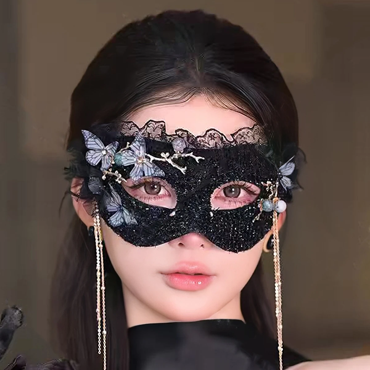 【Dark Night Butterfly Shadow】Black Lace Sequin Mask Butterfly Pearl Tassel Half-Face Eye Mask Prom Party Halloween Decorative Headpiece