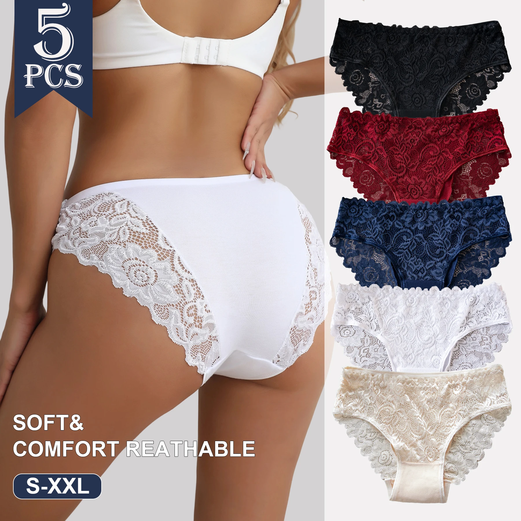 5PCS High End Lace Panties for Women Pure Cotton Crotch Breathable Sexy Briefs Solid Color Mid-Rise Everyday Underwear Lingerie