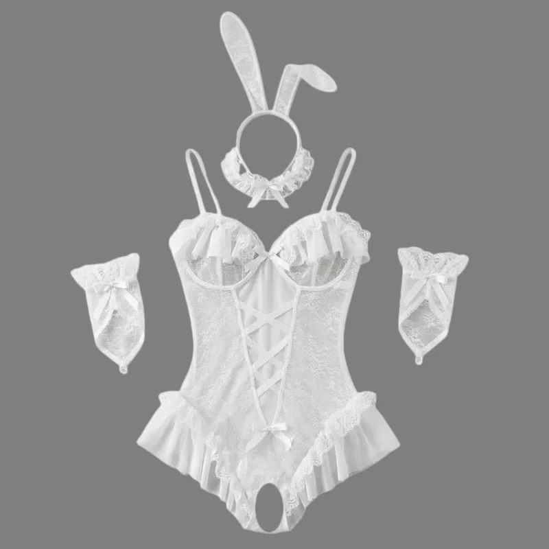 Sexy Bunnygirl Cosplay Costumes Lingerie Perspective Lace Bodysuit Kawaii Sweet Rabbit Uniform Breast  Opening Open Crotch Tight