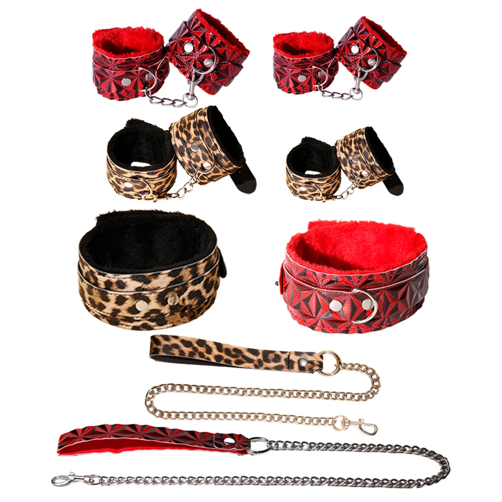 4PCS Leather Bondage Set Handcuffs Wrist Ankle Cuffs Neck Collar Sex Toys Adult Games Restraints BDSM Kit Adults Games for Women