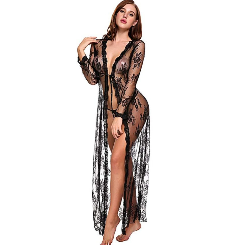 Women's Sheer Floral Lace Robe Long Sleeve Deep V-Neck Open Front Maxi Nightgowns with Thong Sets Sexy Lingeries for Honeymoon