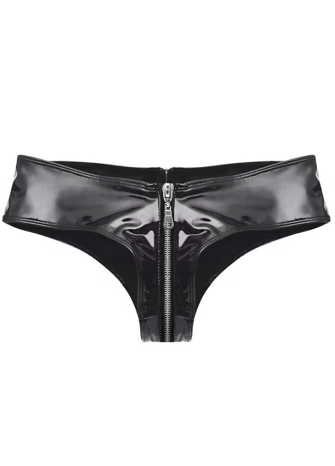 Women's Shiny Patent Leather Zipper Thong, Wet Look Low Rise Briefs, Sexy Fetish Lingerie for Club Party Cosplay