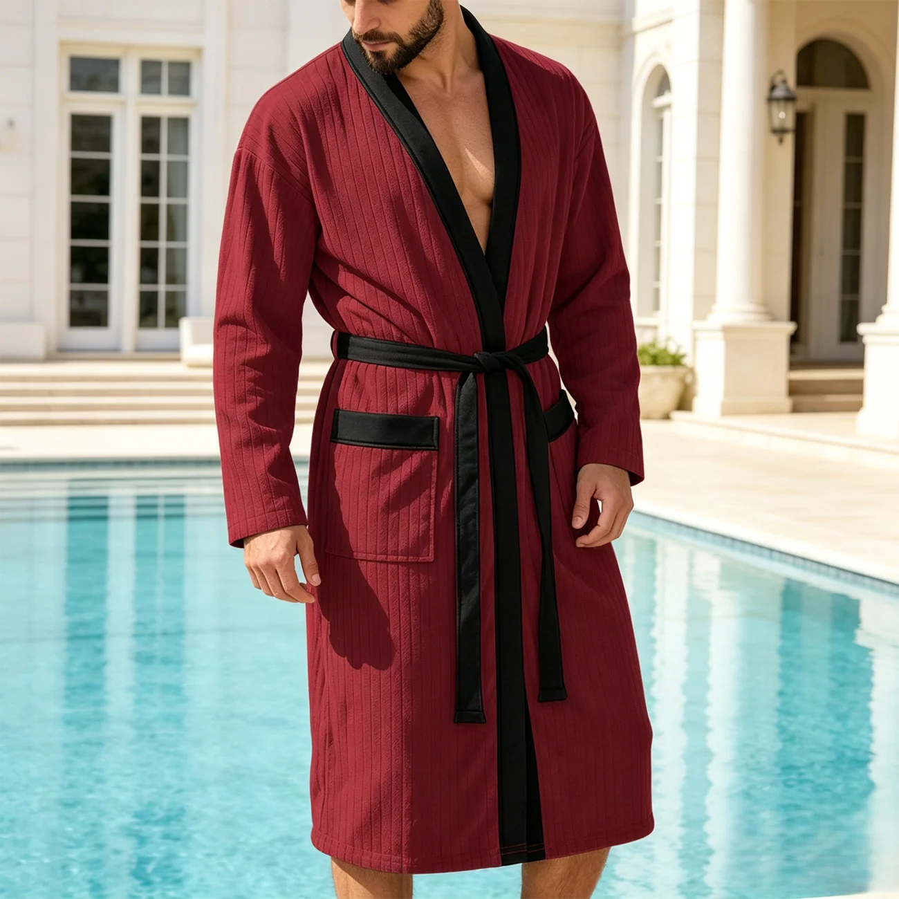 Men's long patterned soft plain-colored belt for men's bathrobe, large size home wear, shawl-like strap for long clothes, pajama